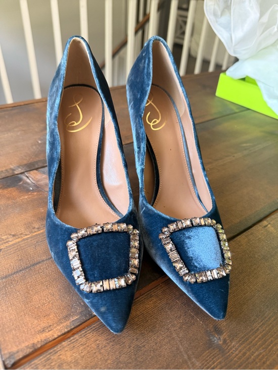 Sam Edelman Shoes - PRICE DROP!! Sam Edelman Teal Velvet Pointed Toe Heels with Crystal Buckle